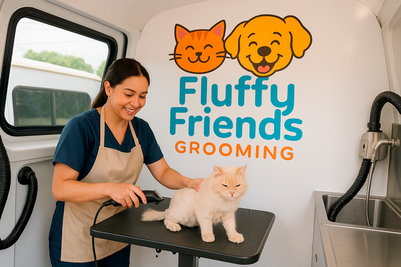 Van de Fluffy Friends y estudiante practicando grooming